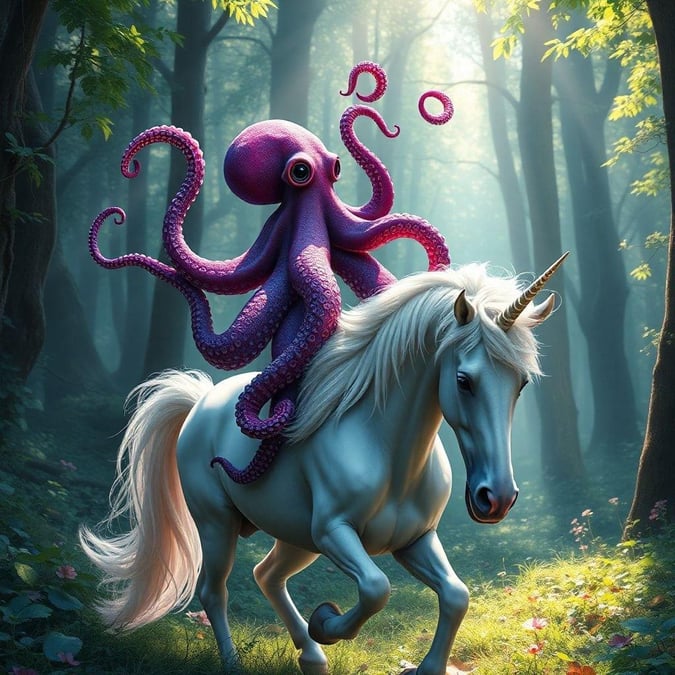 This enchanting wallpaper captures the essence of a whimsical forest where fantasy creatures coexist. At the center, a majestic unicorn prances through the verdant landscape under the glow of a magical light. Riding on its back is an octopus, adding a touch of the ocean's mystery to this woodland setting. The scene is framed by tall trees and illuminated by sunlight streaming in from above, creating a serene atmosphere that blends reality with imagination.