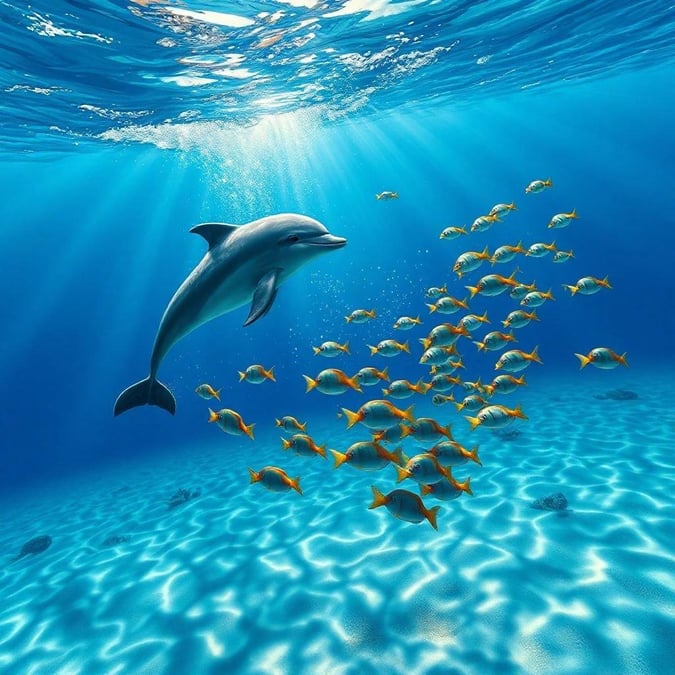 This stunning wallpaper features a dolphin swimming alongside a school of fish in the ocean, creating a breathtaking scene that captures the beauty of the underwater world.