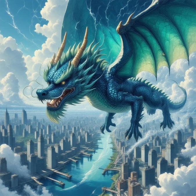 Prepare-se para ser hipnotizado por este impressionante papel de parede em estilo anime com um majestoso dragão voando sobre uma cidade movimentada. Com suas vibrantes asas azuis e verdes, este dragão é uma visão a ser admirada.