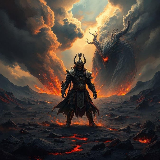 This fantasy wallpaper features a warrior standing in a lava landscape, surrounded by a dark and ominous sky. The warrior is dressed in armor and holding a sword, with a determined look on their face. The lava landscape stretches out behind them, with flames and smoke rising into the air. The sky above is dark and foreboding, with clouds of ash and smoke drifting lazily across it. The overall effect is one of power and intensity, with the warrior standing strong against the backdrop of a fiery inferno.