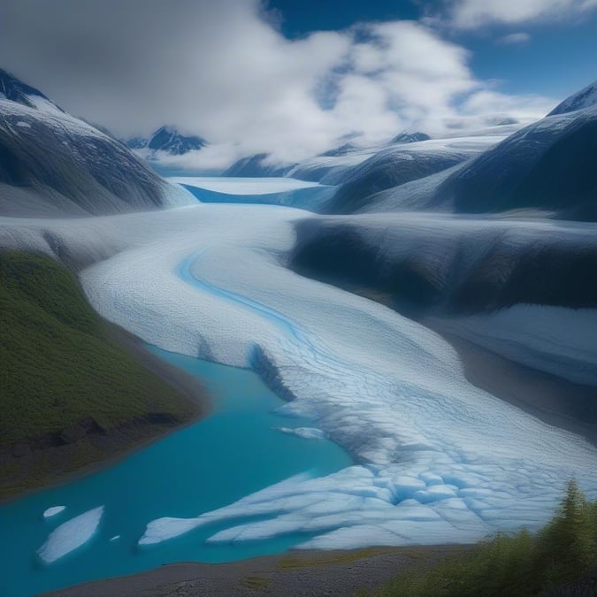 Majestic glacier landscape, with towering peaks reflecting in the tranquil waters below. A picturesque snapshot of nature's grand design.