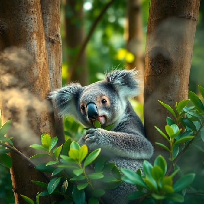 This adorable koala is peeking out from behind some bushes. A charming image for those who love Australian wildlife.