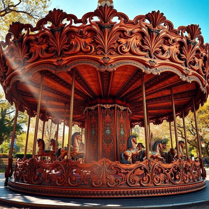 A classic carousel ride at an amusement park, featuring detailed wooden craftsmanship with vibrant colors against a clear blue sky.