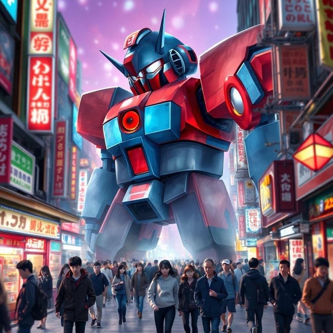 A bustling Tokyo street market filled with people and a giant robot standing tall in the center, its bright colors and glowing eyes making it a striking sight.