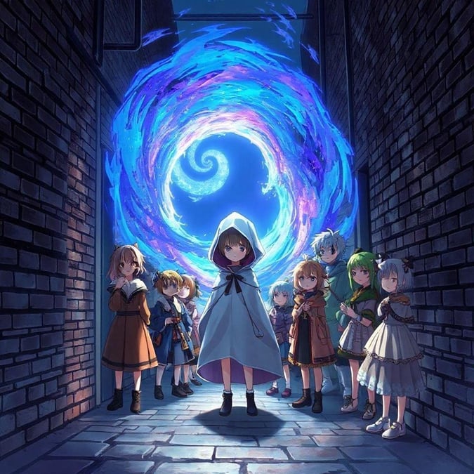 Step into a world of wonder with this captivating anime illustration, where a group of characters gather around a mysterious portal, emitting an aura of mystery and intrigue.