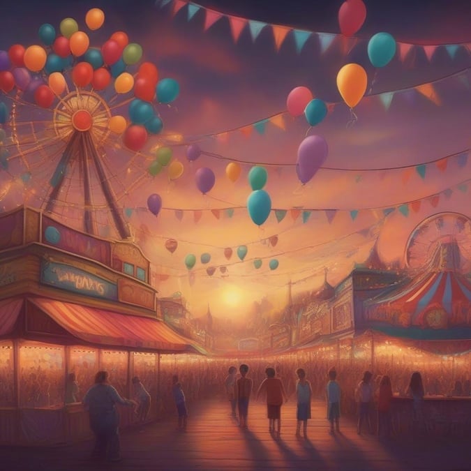 This image is a perfect wallpaper for kids and cartoon lovers, featuring a colorful and vibrant carnival scene. The image showcases a lively atmosphere with balloons, flags, and a Ferris wheel, making it an ideal choice for desktop and mobile use.