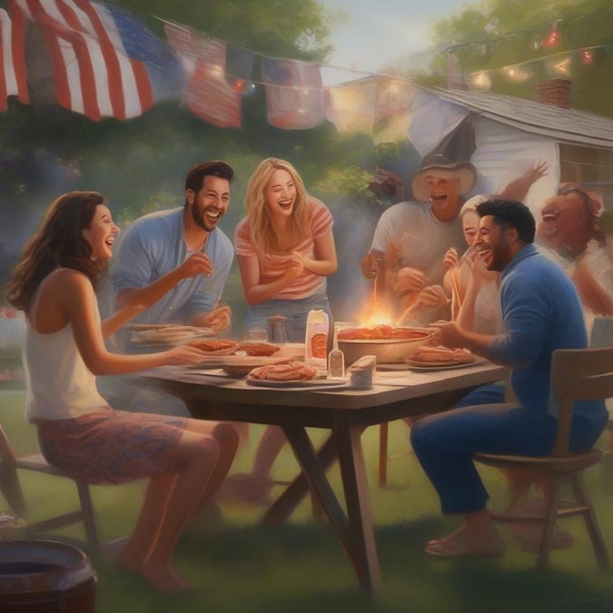 A heartwarming scene of friends and family coming together to celebrate Independence Day, surrounded by the sights and sounds of summer fun.