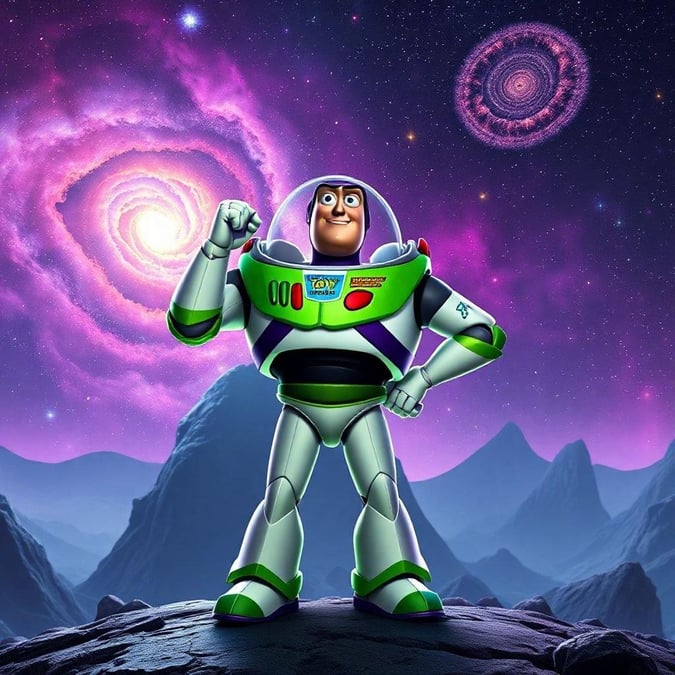 Get ready for an intergalactic adventure with Buzz Lightyear, the brave space ranger from Toy Story. This stunning wallpaper captures the essence of Buzz's journey through the cosmos, as he explores new worlds and battles evil aliens. With his trusty laser blaster by his side, Buzz is ready to take on any challenge that comes his way.