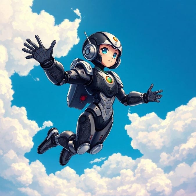 This captivating anime-style wallpaper features a young robot girl in mid-flight, exuding a sense of dynamism and adventure. Adorned in a steampunk-inspired outfit, her sleek black and silver body is a masterpiece of intricate patterns, while her raised arms convey a sense of effortless movement. Set against a deep blue sky, the image is a stunning representation of the intersection of technology and nature.