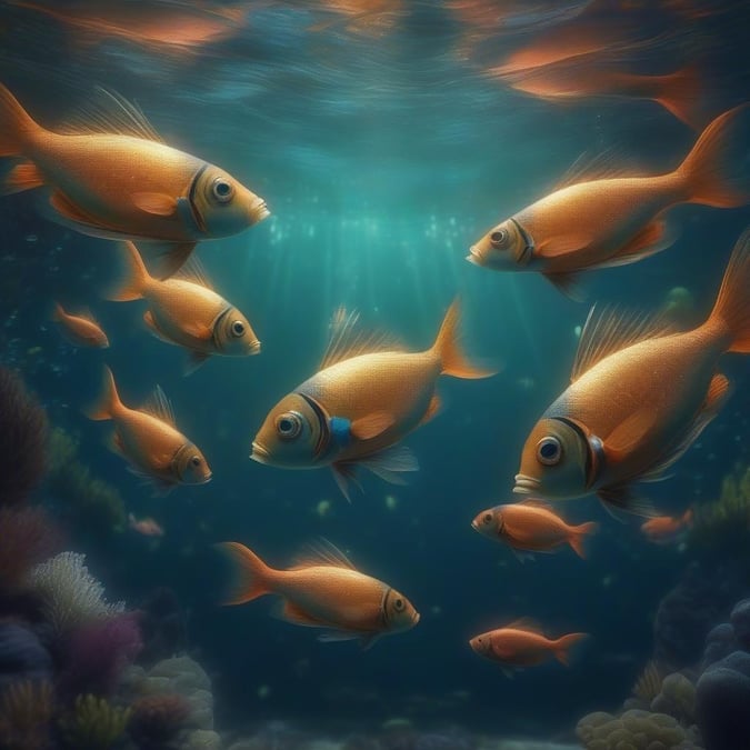 This serene wallpaper captures the beauty of an underwater scene, where a school of orange fish swim in harmony, creating a sense of calm and tranquility.