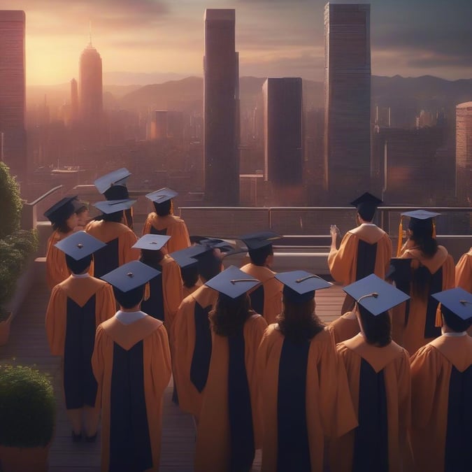 A lively scene of graduates celebrating their achievements against the backdrop of a bustling metropolis at sunset.