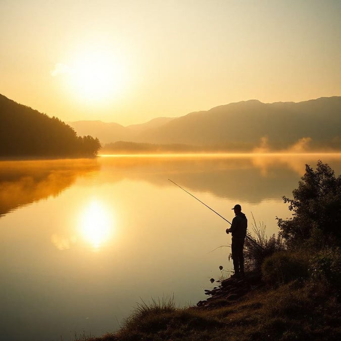 A serene and heartwarming scene of a father and son bonding over fishing on a beautiful lake, capturing the essence of Father's Day.