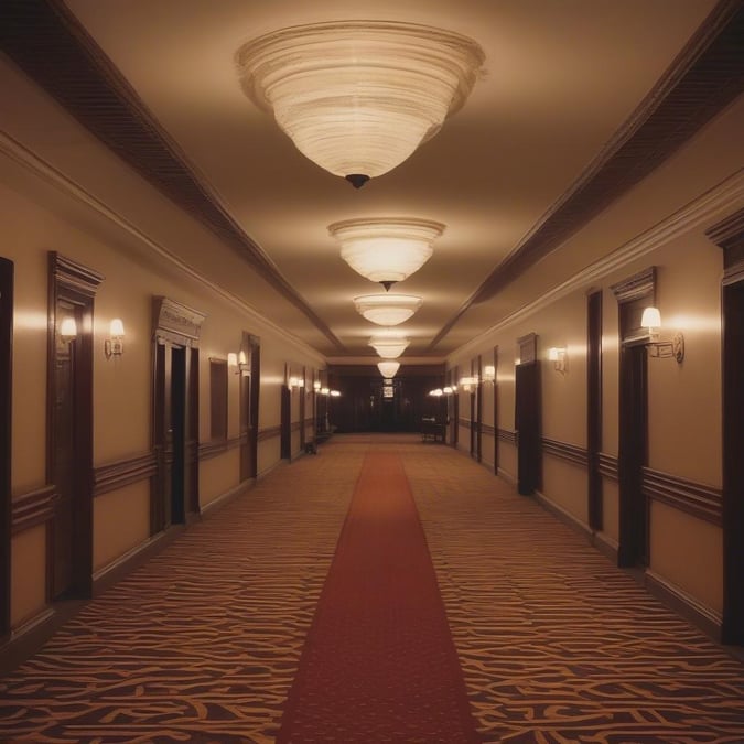 This luxurious hotel hallway exudes a sense of elegance with its polished marble floors and chandeliers. It's perfect for travelers looking to escape to the big screen.