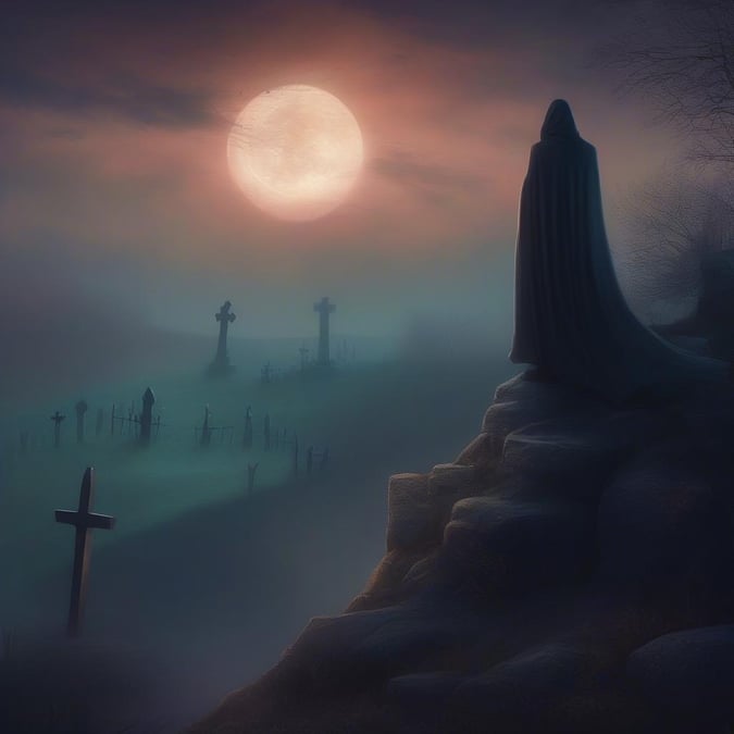 On this dark night, a solitary figure sits on a hill overlooking an ancient graveyard. The moon casts its silvery glow upon the tombstones, creating a haunting yet beautiful scene that evokes the spirit of Halloween.