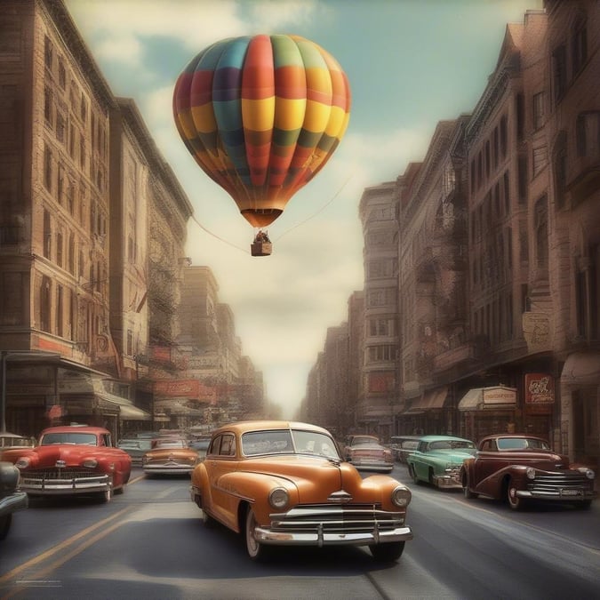 The image captures a nostalgic moment from an era gone by, where vintage cars are driving on the road under the clear blue sky. The street is lined with tall buildings that hint at a bustling city life. A hot air balloon adds to the festive atmosphere, creating a visually appealing contrast between the grounded reality and the lofty dreams.