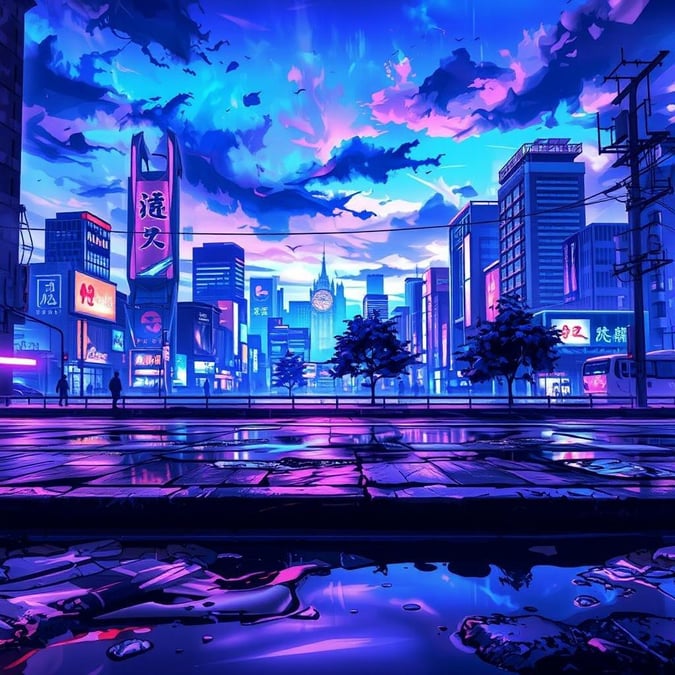 Step into the vibrant world of anime with this stunning cityscape at dusk. The wet pavement reflects the neon lights, creating a mesmerizing anime-like effect.