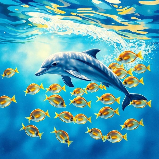 Swim alongside the dolphins in this enchanting underwater scene. This wallpaper captures the playful spirit of these aquatic mammals as they frolic with the help of their yellow-tailed friends.