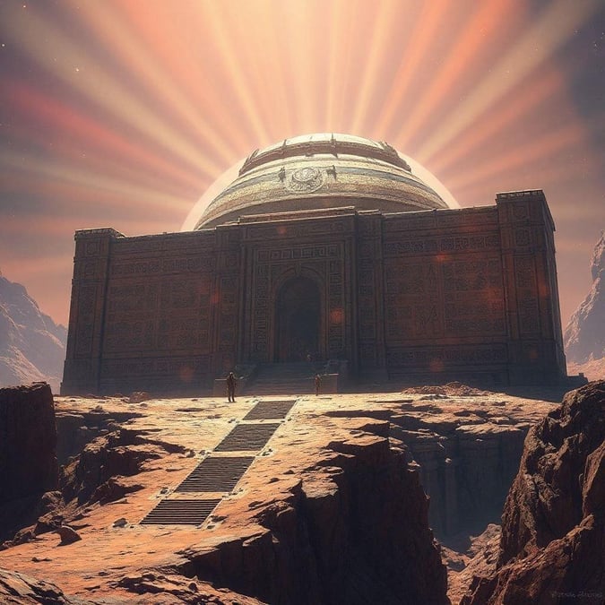 An ancient, mysterious temple on an alien planet, bathed in the warm glow of a distant sun.