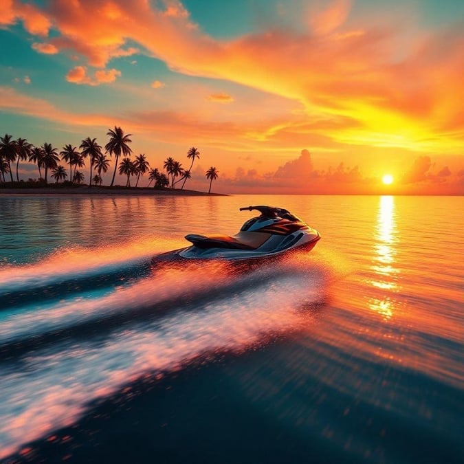 Get ready to race across the sunset ocean waves on a thrilling jet ski ride. Feel the wind in your hair as you zoom past the palm trees at dusk.