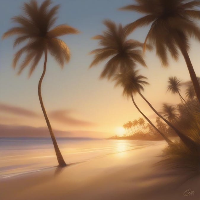 Experience the warm glow of a sunset over the ocean waves, with silhouettes of palm trees creating a serene beach scene.