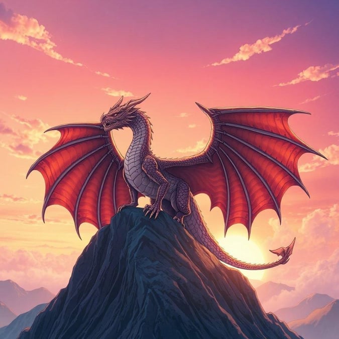 Ein majestätischer Drache sitzt auf einem Berggipfel unter einem atemberaubenden Himmel und sonnt sich in den warmen Tönen des Sonnenuntergangs.