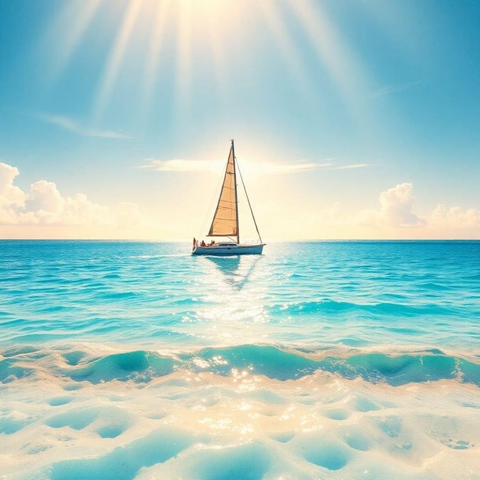 A serene moment as the sun dips below the horizon, casting a warm glow on the vast ocean where a small sailboat is drifting. The sky is clear and it's the perfect setting for an idyllic journey.