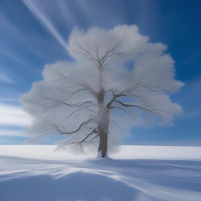 A serene winter landscape with a snow-covered tree, perfect for a calming desktop or mobile wallpaper.