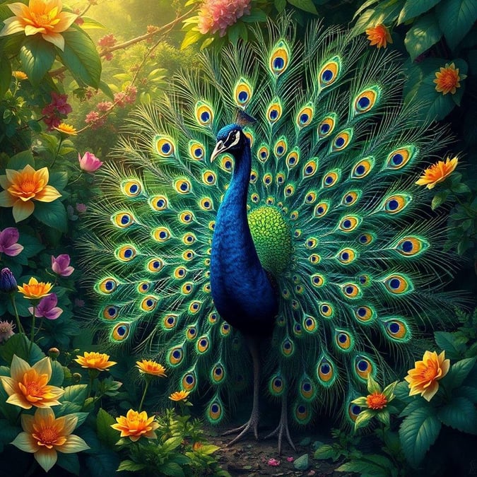 This stunning wallpaper features a majestic peacock in a lush garden setting, perfect for adding a touch of nature and beauty to your desktop or mobile device.