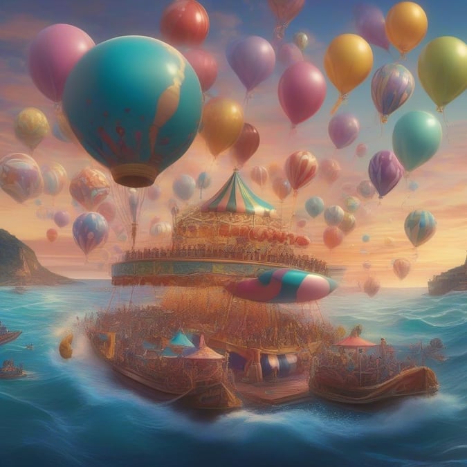 Immerse yourself in the enchanting world of this fantastical carnival, where a boat is transformed into a spectacular hot air balloon. Surrounded by a multitude of colorful balloons that fill the sky, you'll be whisked away on an adventure that combines the excitement of a carnival with the wonder of flight.