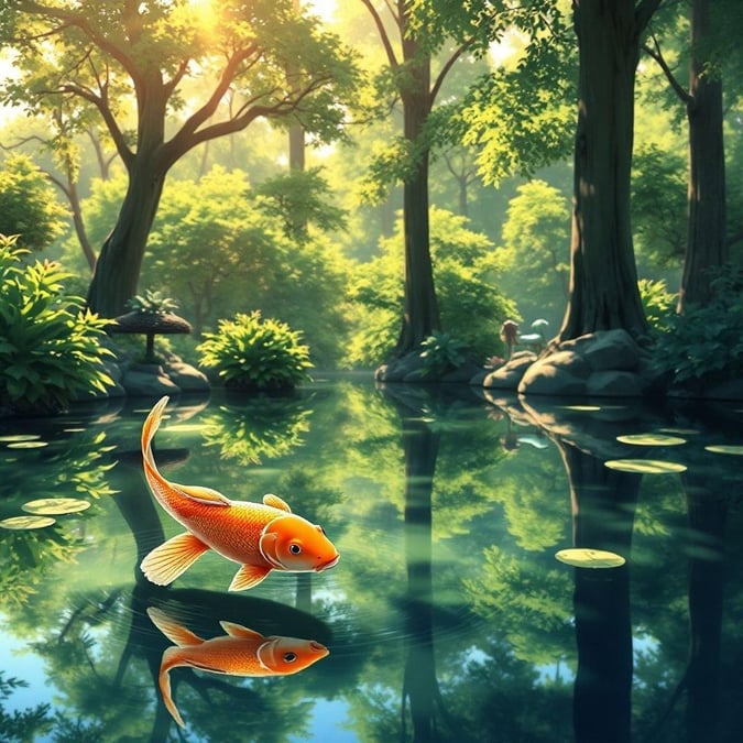 Immerse yourself in the tranquility of this anime garden scene, where a delicate koi fish glides through the calm pond, surrounded by the lush greenery of the forest.