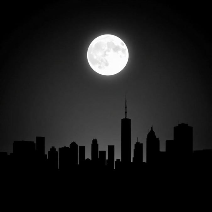 A serene view of a city skyline at night under the glowing moon. Perfect wallpaper for peaceful evenings.