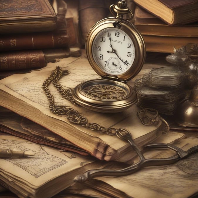 An old-fashioned pocket watch resting amidst a collection of vintage books, evoking the charm of timeless literature and intricate horology.