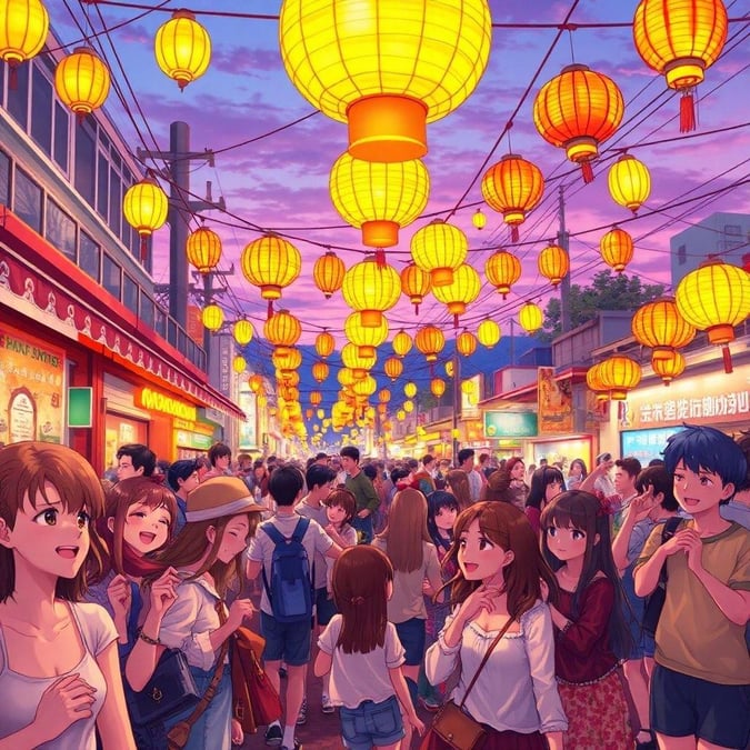 A lively anime scene featuring a bustling street festival with a crowd of people dancing on the sidewalks, illuminated by vibrant lanterns.