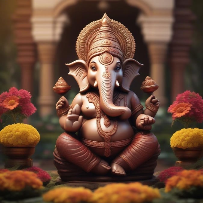 This vibrant scene captures the essence of the Indian festival of Diwali, featuring a statue of Lord Ganesha amidst colorful flowers and traditional sweets. The rich detailing of the statue and the festive background make this wallpaper an ideal choice for celebrating the spirit of Diwali.