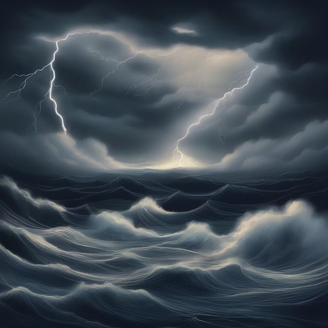 A dramatic seascape where the power of nature dominates with dark, turbulent waters amid a sky filled with menacing clouds and lightning strikes. A lone ship navigates through this tumultuous weather, highlighting the resilience and beauty found in harsh environments.