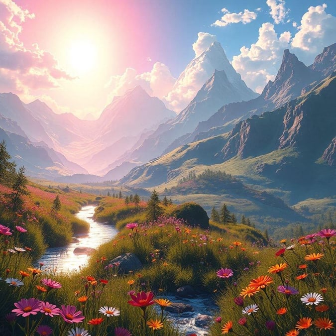 A serene mountain landscape at sunrise, featuring a winding river through the center. The vista includes towering peaks and a vibrant meadow teeming with colorful wildflowers. A tranquil and picturesque scene perfect for meditation or gaming relaxation.