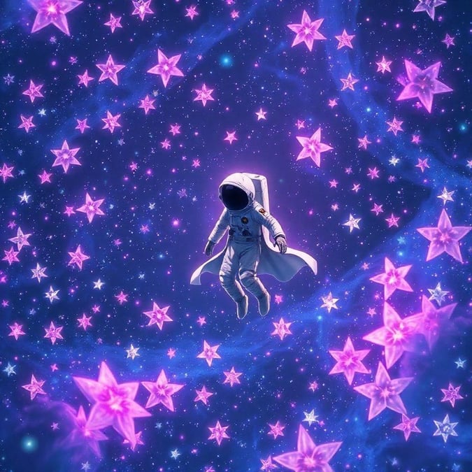 Get lost in the vibrant, anime-inspired world of this astronaut floating through a galaxy of stars.