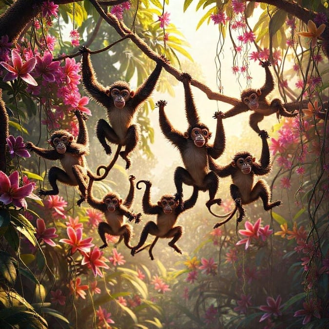 These playful monkeys are having a grand time in their lush jungle home, swinging through the trees with pure monkey mischief.