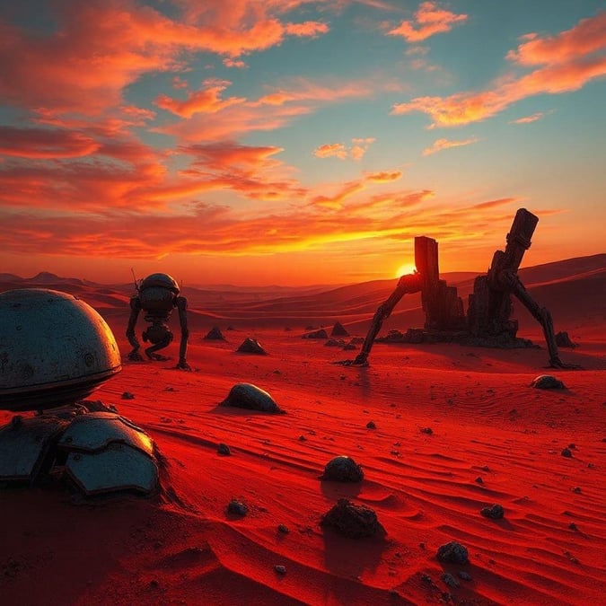 Mysterious droids explore an otherworldly desert landscape, with a dramatic sky at sunset.