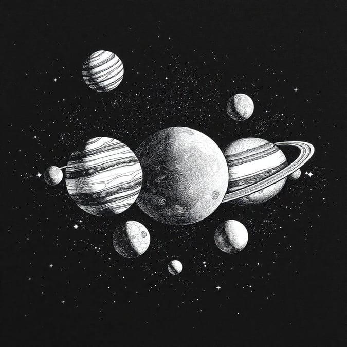 Majestic view of our solar system, from the sun to distant planets, in stark black and white.