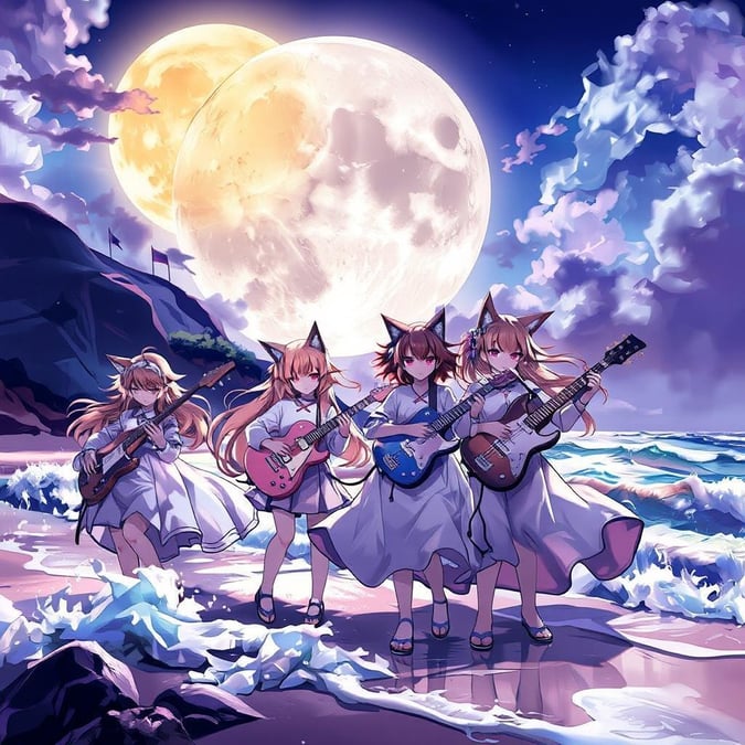 Get ready to be mesmerized by this stunning anime wallpaper featuring a group of catgirls playing musical instruments under the light of the full moon. The detailed digital illustration creates an anime-like atmosphere, with the bright moon serving as the perfect backdrop for the adorable and talented feline musicians.