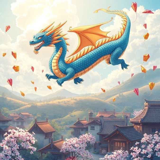 In this anime-style illustration, a majestic dragon, radiating hues of blue and gold, soars above a tranquil Japanese village. The clear skies are dotted with kites dancing in the wind, adding to the serene atmosphere.