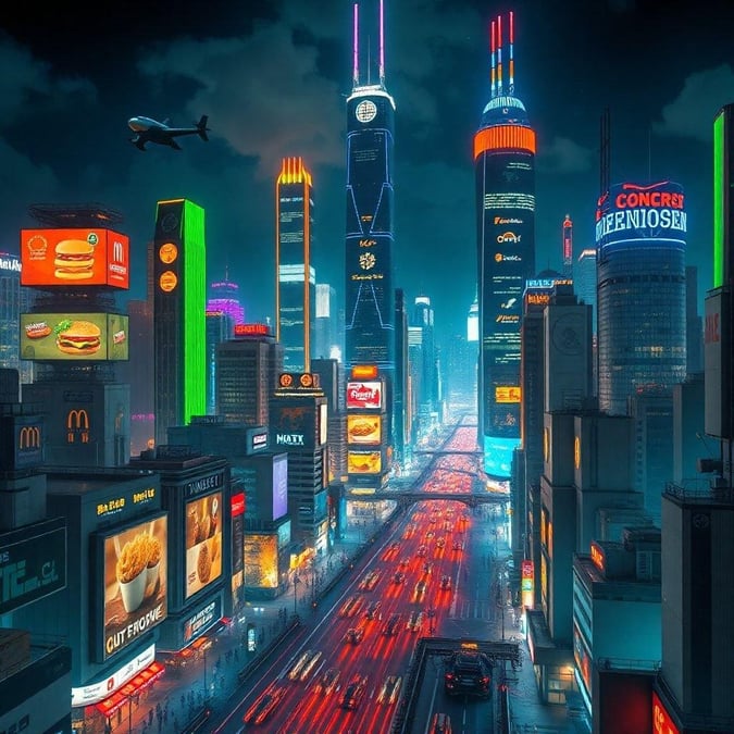 This captivating night scene takes you through a vibrant city skyline illuminated by neon lights and bathed in the glow of various advertisements. The streets are alive with the hum of traffic, a testament to the city's ceaseless energy. Whether it's a business trip or an escape, this wallpaper encapsulates the pulse of urban life.