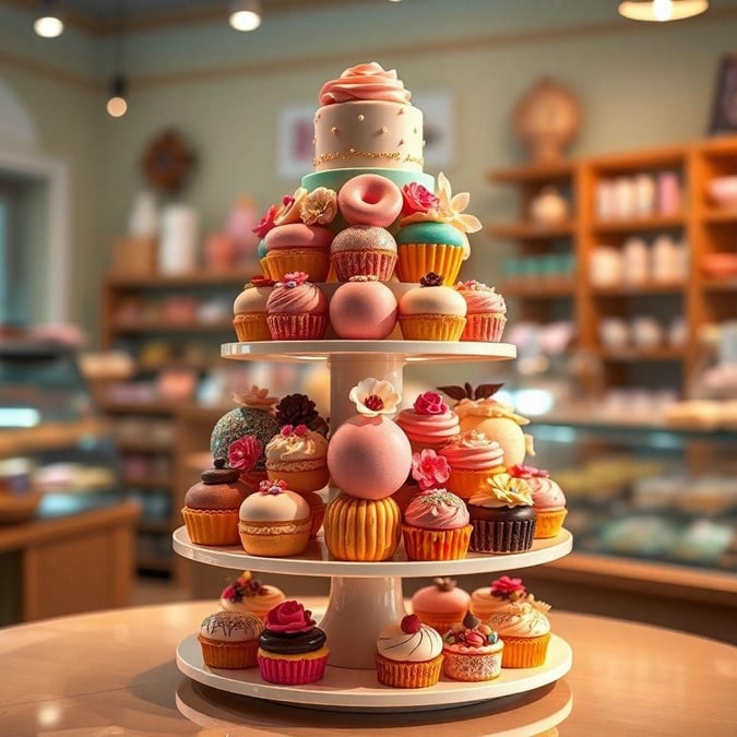 A tempting three-tier dessert platter showcasing an assortment of cupcakes and macarons, perfect for celebrations or as a treat.