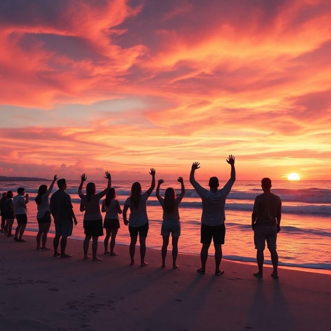 A group of friends gather to celebrate the New Year at the beach with a stunning sunset in the background. The atmosphere is filled with joy and anticipation for the new year ahead.