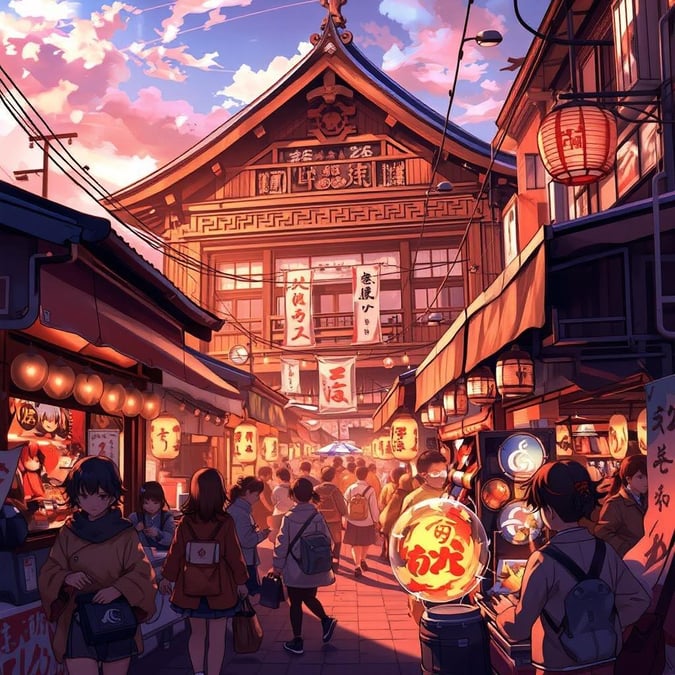 Entre em um mundo de cores vibrantes e energia animada com este papel de parede de festival de rua no estilo anime. A luz quente e a atmosfera agitada criam uma cena cativante, com uma mistura de elementos tradicionais e modernos.