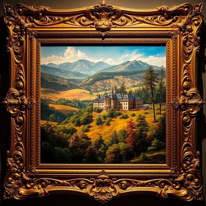 This captivating piece of art showcases a grand gothic castle nestled amidst the rolling hills and lush greenery, exuding an air of luxury and elegance. The castle's pointed arches and towering spires reach towards the clear blue sky, while the landscape below paints a serene picture of rural life with fields and trees under the sun.