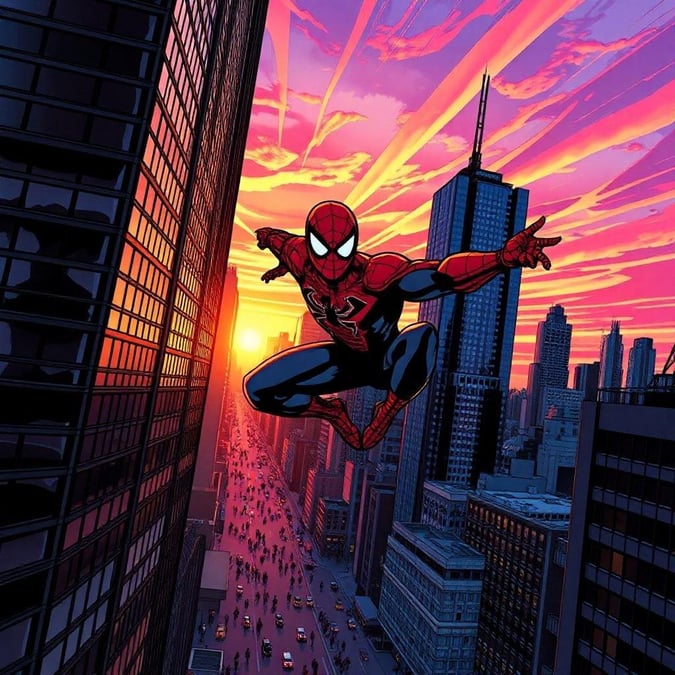 Feel the thrill as Spidey soars through the towering city skyline at sunset. A webslinger's tale of urban adventure.