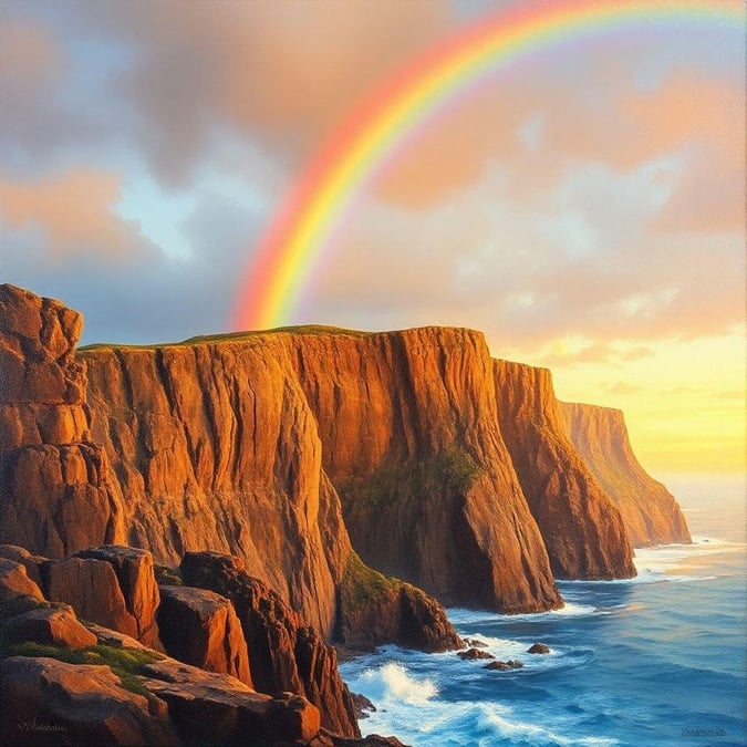 Celebrate the spirit of St. Patrick's Day with this digital art depicting a serene coastal scene under the rainbow sky. The Irish shores are bathed in soft light as they overlook the vast expanse of the Atlantic Ocean.