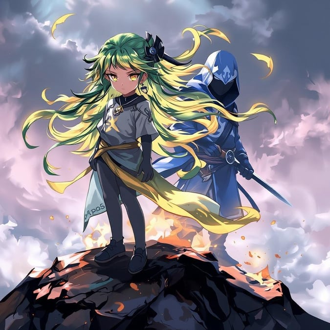 This anime illustration features a young girl standing on a mountain peak, her hair a vibrant cascade of light in a kaleidoscope of green and yellow, accompanied by a mysterious blue and white ninja in the background. The misty sky adds an air of mystery and intrigue to the scene.